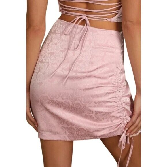 Lulus In a Bliss Pink Floral Satin Jacquard Cinched Mini Skirt - Picture 2 of 6